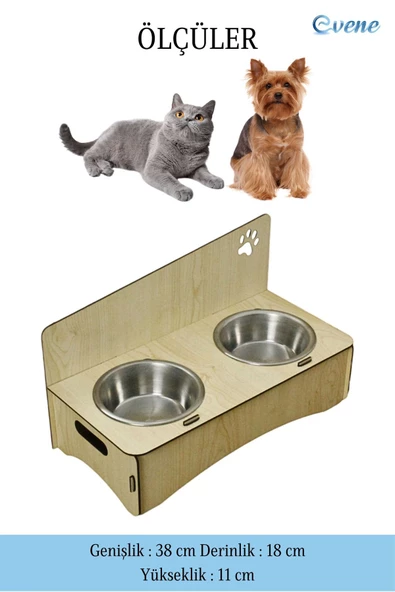 Evene Kedi Mama Kabı Kedi Su Kabı Kedi Mama ve Su Kabı Kedi Yemek Kabı 2 Çelik Kase Model 2 Açık Meşe - Resim 2