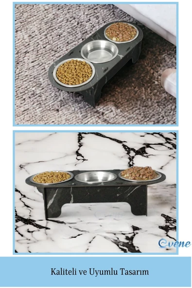 Evene Kedi Mama Kabı Kedi Su Kabı Kedi Mama ve Su Kabı Kedi Yemek Kabı 3 Çelik Kase Model 1 Siyah Mermer - 3