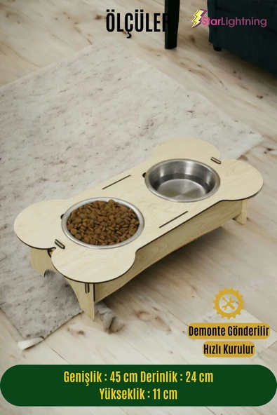 StarLightning Ahşap Kedi Mama Kabı Standı Açık Meşe Premium Boyalı Paslanmaz Çelik Kaseli Model 2 - 2