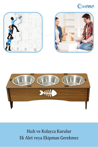 Evene Kedi Mama Kabı Kedi Su Kabı Kedi Mama ve Su Kabı Kedi Yemek Kabı 3 Çelik Kase Model 5 Ceviz - 5