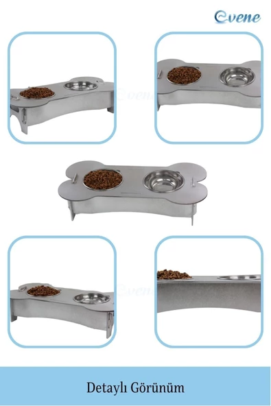 Evene Mama Su Kabı Paslanmaz Çelik Taslı 2'li Ahşap Kedi Ve Köpek Suluk Kemik Model - 5