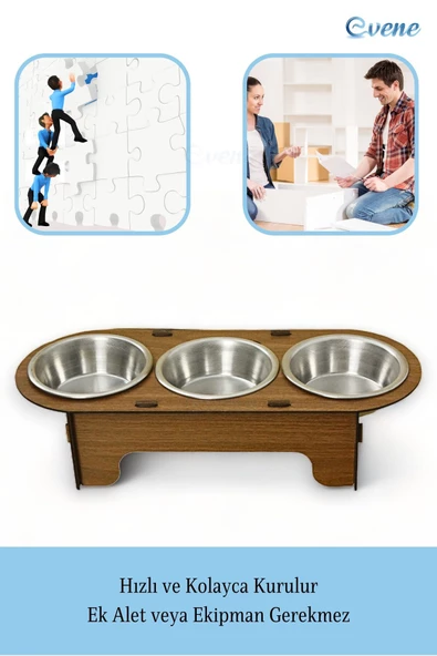 Evene Kedi Mama Kabı Kedi Su Kabı Kedi Mama ve Su Kabı Kedi Yemek Kabı 3 Çelik Kase Model 1 Ceviz - 5