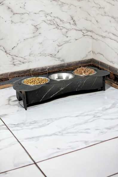 StarLightning Büyük Ahşap Kedi Mama Kabı Standı Siyah Mermer Premium Boyalı 3'lü Paslanmaz Çelik Kaseli Model 3 ürün görseli 1