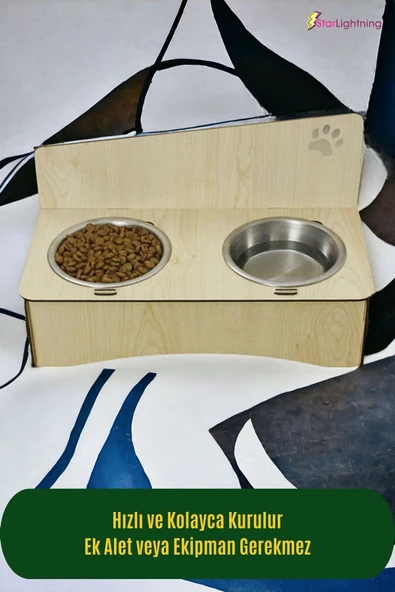 StarLightning Ahşap Kedi Mama Kabı Standı Açık Meşe Premium Boyalı Paslanmaz Çelik Kaseli Model 2 - Resim 3