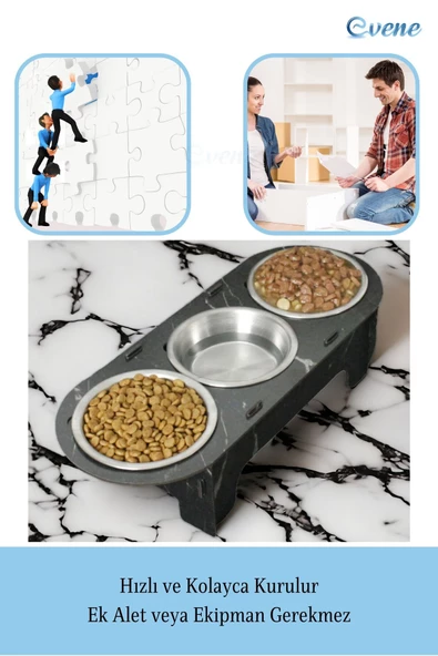 Evene Kedi Mama Kabı Kedi Su Kabı Kedi Mama ve Su Kabı Kedi Yemek Kabı 3 Çelik Kase Model 1 Siyah Mermer - 5
