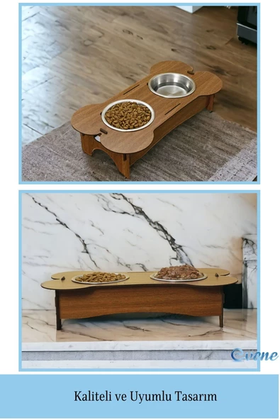 Evene Kedi Mama Kabı Kedi Su Kabı Kedi Mama ve Su Kabı Kedi Yemek Kabı 2 Çelik Kase Model 3 Ceviz - 3