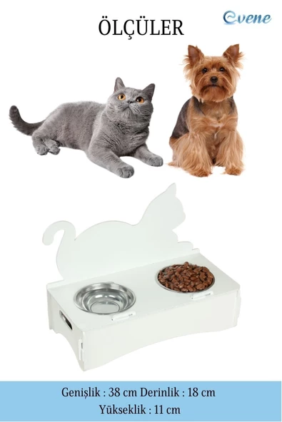 Evene Mama Su Kabı Paslanmaz Çelik Taslı 2'li Ahşap Kedi Ve Köpek Suluk Kedi Arkalık Model - Resim 2