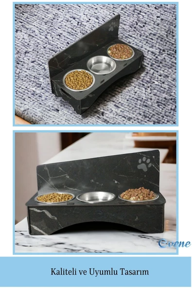 Evene Kedi Mama Kabı Kedi Su Kabı Kedi Mama ve Su Kabı Kedi Yemek Kabı 3 Çelik Kase Model 2 Siyah Mermer - Resim 3