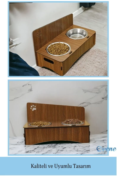 Evene Kedi Mama Kabı Kedi Su Kabı Kedi Mama ve Su Kabı Kedi Yemek Kabı 2 Çelik Kase Model 2 Ceviz - 3