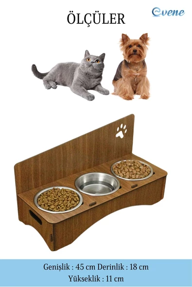 Evene Kedi Mama Kabı Kedi Su Kabı Kedi Mama ve Su Kabı Kedi Yemek Kabı 3 Çelik Kase Model 2 Ceviz - 2
