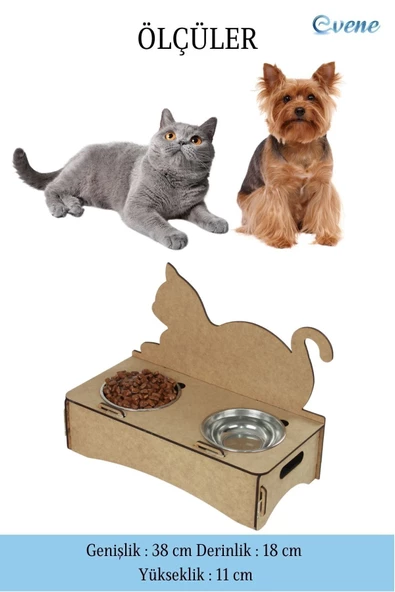 Evene Mama Su Kabı Paslanmaz Çelik Taslı 2'li Ahşap Kedi Ve Köpek Suluk Kedi Arkalık Model - Resim 2
