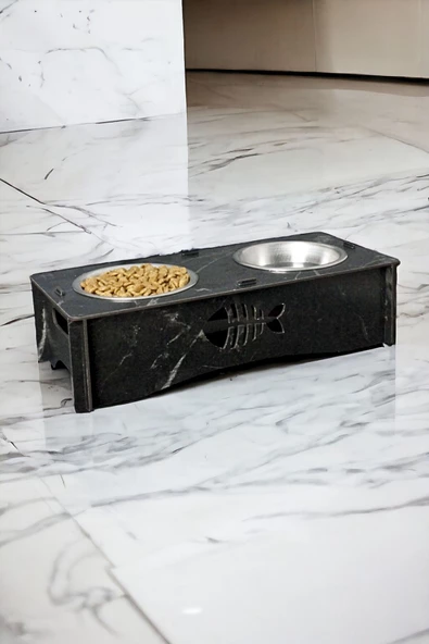 StarLightning Ahşap Kedi Mama Kabı Standı Siyah Mermer Premium Boyalı Paslanmaz Çelik Kaseli Model 5 ürün görseli 1