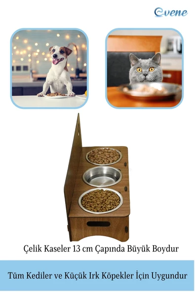 Evene Kedi Mama Kabı Kedi Su Kabı Kedi Mama ve Su Kabı Kedi Yemek Kabı 3 Çelik Kase Model 2 Ceviz - 4