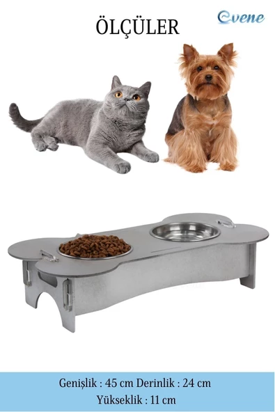 Evene Mama Su Kabı Paslanmaz Çelik Taslı 2'li Ahşap Kedi Ve Köpek Suluk Kemik Model - 2