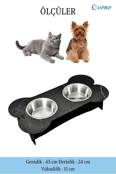 Evene Kedi Mama Kabı Kedi Su Kabı Kedi Mama ve Su Kabı Kedi Yemek Kabı 2 Çelik Kase Model 3 Siyah Mermer - 2