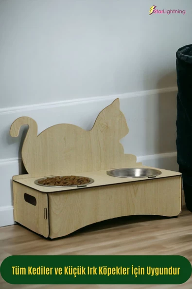 StarLightning Ahşap Kedi Mama Kabı Standı Açık Meşe Premium Boyalı Paslanmaz Çelik Kaseli Model 4 - 4