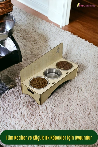 StarLightning Büyük Ahşap Kedi Mama Kabı Standı Bej Premium Boyalı 3'lü Paslanmaz Çelik Kaseli Model 2 - Resim 4