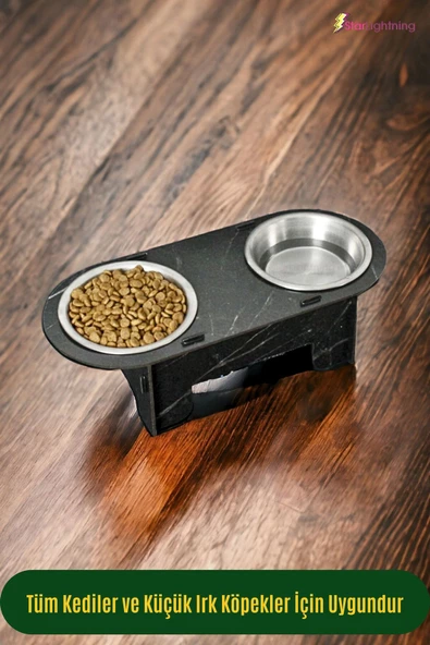 StarLightning Ahşap Kedi Mama Kabı Standı Siyah Mermer Premium Boyalı Paslanmaz Çelik Kaseli Model 1 - Resim 4