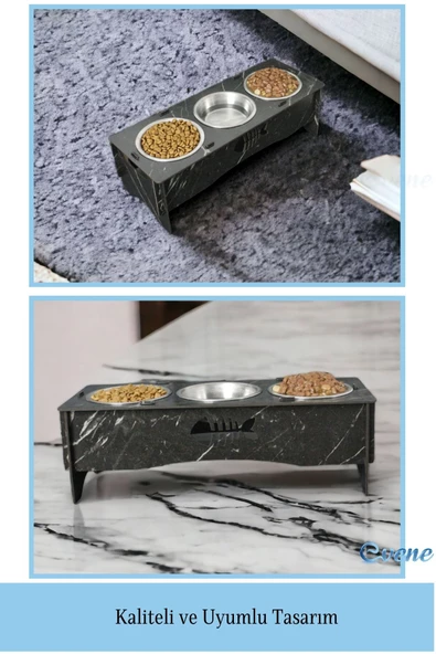 Evene Kedi Mama Kabı Kedi Su Kabı Kedi Mama ve Su Kabı Kedi Yemek Kabı 3 Çelik Kase Model 5 Siyah Mermer - Resim 3