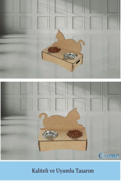 Evene Mama Su Kabı Paslanmaz Çelik Taslı 2'li Ahşap Kedi Ve Köpek Suluk Kedi Arkalık Model - Resim 6