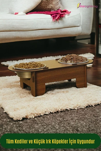 StarLightning Ahşap Kedi Mama Kabı Standı Ceviz Premium Boyalı Paslanmaz Çelik Kaseli Model 1 - Resim 4