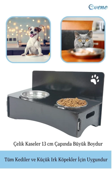 Evene Mama Su Kabı Paslanmaz Çelik Taslı 2'li Ahşap Kedi Ve Köpek Suluk Patili Model - Resim 3