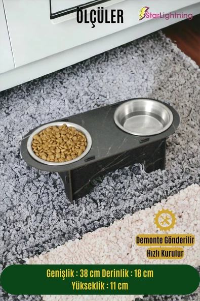 StarLightning Ahşap Kedi Mama Kabı Standı Siyah Mermer Premium Boyalı Paslanmaz Çelik Kaseli Model 1 - Resim 2