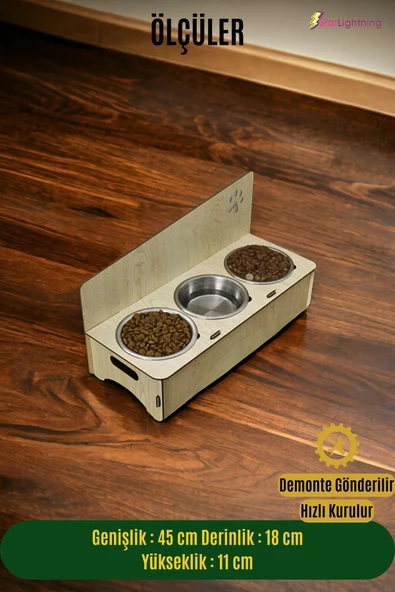 StarLightning Büyük Ahşap Kedi Mama Kabı Standı Bej Premium Boyalı 3'lü Paslanmaz Çelik Kaseli Model 2 - Resim 2