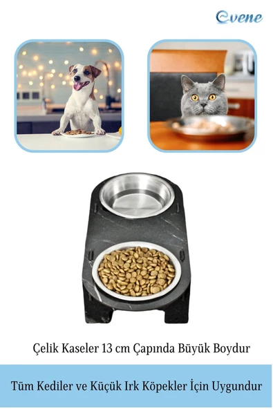 Evene Kedi Mama Kabı Kedi Su Kabı Kedi Mama ve Su Kabı Kedi Yemek Kabı 2 Çelik Kase Model 1 Siyah Mermer - 4