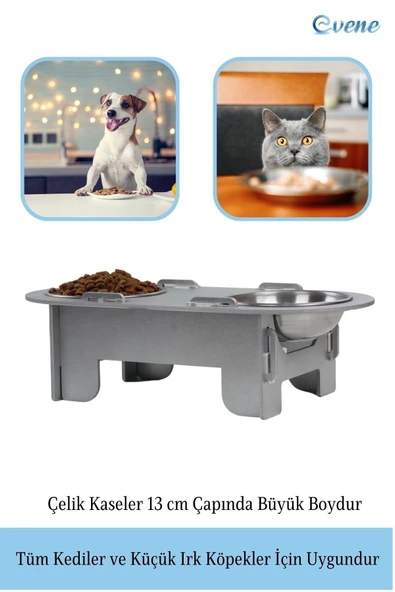 Evene Mama Su Kabı Paslanmaz Çelik Taslı 2'li Ahşap Kedi Ve Köpek Suluk Oval Model - 3
