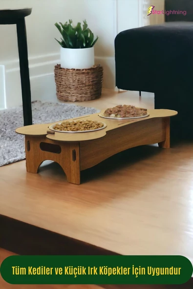 StarLightning Ahşap Kedi Mama Kabı Standı Ceviz Premium Boyalı Paslanmaz Çelik Kaseli Model 2 - 4