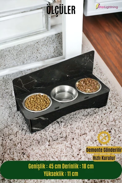 StarLightning Büyük Ahşap Kedi Mama Kabı Standı Siyah Mermer Premium Boyalı 3'lü Paslanmaz Çelik Kaseli Model 2 - Resim 2
