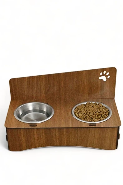 Evene Kedi Mama Kabı Kedi Su Kabı Kedi Mama ve Su Kabı Kedi Yemek Kabı 2 Çelik Kase Model 2 Ceviz