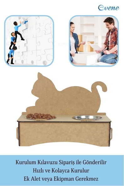 Evene Mama Su Kabı Paslanmaz Çelik Taslı 2'li Ahşap Kedi Ve Köpek Suluk Kedi Arkalık Model - Resim 4