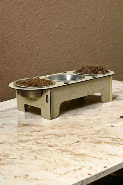 StarLightning Büyük Ahşap Kedi Mama Kabı Standı Bej Premium Boyalı 3'lü Paslanmaz Çelik Kaseli Model 1