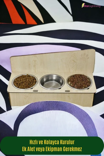 StarLightning Büyük Ahşap Kedi Mama Kabı Standı Bej Premium Boyalı 3'lü Paslanmaz Çelik Kaseli Model 2 - Resim 3