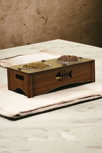 StarLightning Ahşap Kedi Mama Kabı Standı Ceviz Premium Boyalı Paslanmaz Çelik Kaseli Model 5 ürün görseli 1