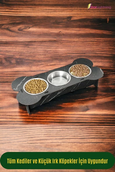 StarLightning Büyük Ahşap Kedi Mama Kabı Standı Siyah Mermer Premium Boyalı 3'lü Paslanmaz Çelik Kaseli Model 3 - Resim 4