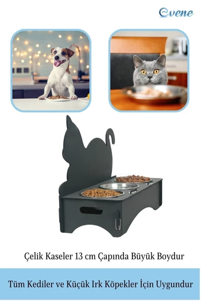 Evene Mama Su Kabı Paslanmaz Çelik Taslı 3'lü Ahşap Kedi Ve Köpek Suluk Kedi Arkalıklı Model - Resim 3