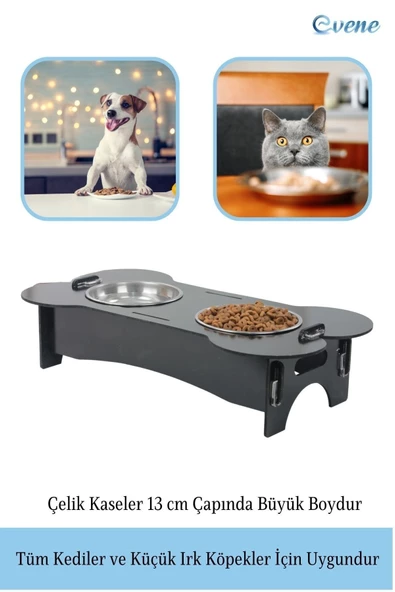 Evene Mama Su Kabı Paslanmaz Çelik Taslı 2'li Ahşap Kedi Ve Köpek Suluk Kemik Model - Resim 3