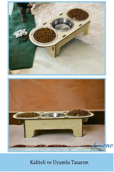 Evene Kedi Mama Kabı Kedi Su Kabı Kedi Mama ve Su Kabı Kedi Yemek Kabı 3 Çelik Kase Model 1 Açık Meşe - 3