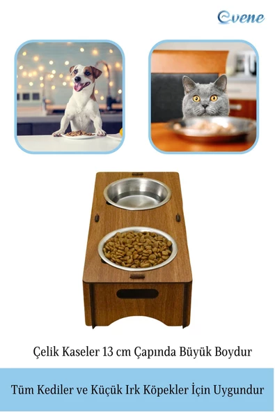 Evene Kedi Mama Kabı Kedi Su Kabı Kedi Mama ve Su Kabı Kedi Yemek Kabı 2 Çelik Kase Model 5 Ceviz - Resim 4