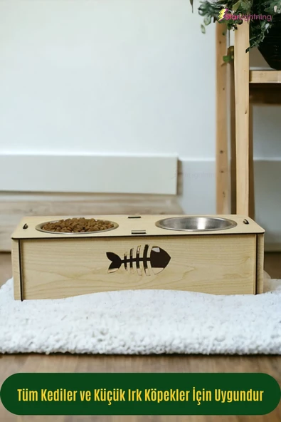 StarLightning Ahşap Kedi Mama Kabı Standı Açık Meşe Premium Boyalı Paslanmaz Çelik Kaseli Model 5 - Resim 4