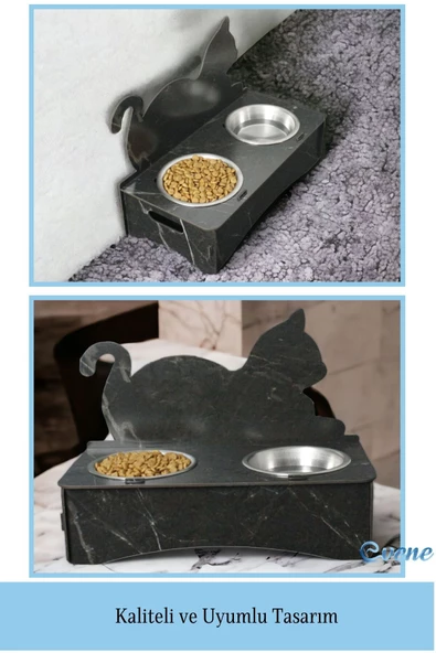 Evene Kedi Mama Kabı Kedi Su Kabı Kedi Mama ve Su Kabı Kedi Yemek Kabı 2 Çelik Kase Model 4 Siyah Mermer - 3