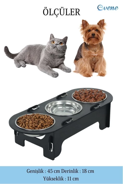 Evene Mama Su Kabı Paslanmaz Çelik Taslı 3'lü Ahşap Kedi Ve Köpek Suluk Oval Model - Resim 2