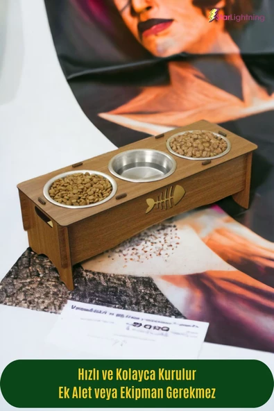 StarLightning Büyük Ahşap Kedi Mama Kabı Standı Ceviz Premium Boyalı 3'lü Paslanmaz Çelik Kaseli Model 5 - Resim 3