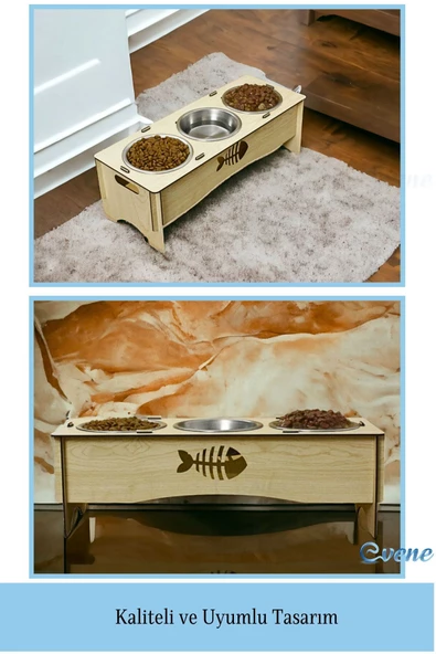 Evene Kedi Mama Kabı Kedi Su Kabı Kedi Mama ve Su Kabı Kedi Yemek Kabı 3 Çelik Kase Model 5 Açık Meşe - 3