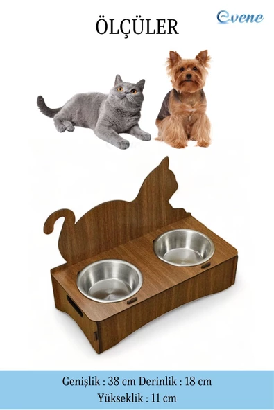 Evene Kedi Mama Kabı Kedi Su Kabı Kedi Mama ve Su Kabı Kedi Yemek Kabı 2 Çelik Kase Model 4 Ceviz - 2
