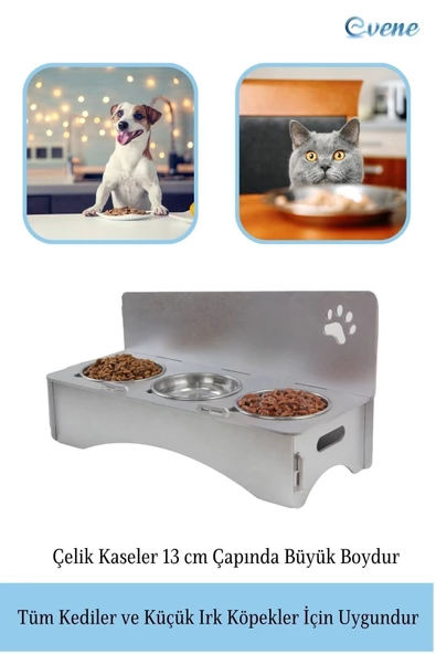 Evene Mama Su Kabı Paslanmaz Çelik Taslı 3'lü Ahşap Kedi Ve Köpek Suluk Patili Model - Resim 3