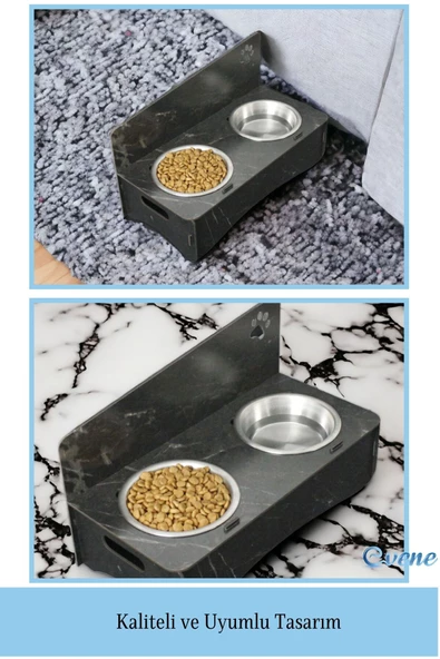 Evene Kedi Mama Kabı Kedi Su Kabı Kedi Mama ve Su Kabı Kedi Yemek Kabı 2 Çelik Kase Model 2 Siyah Mermer - Resim 3